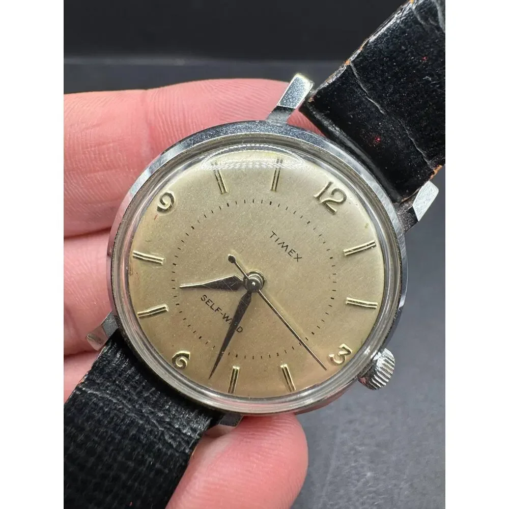 Vintage Timex Self-Wind Wristwatch Silver Tone Dial Black Leather Band Classic